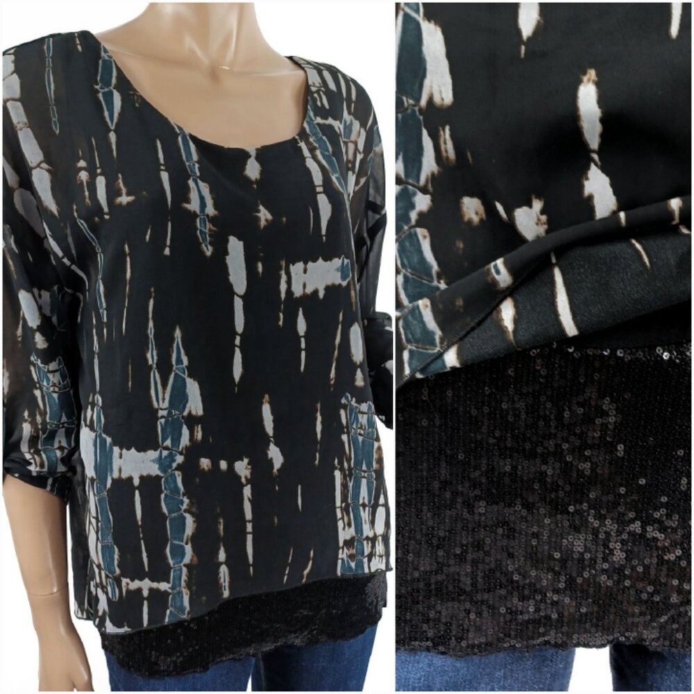 TRIBAL JEANS Print Chiffon Over Wide Sequin Waist Roll Tab Sleeve Blouse PS